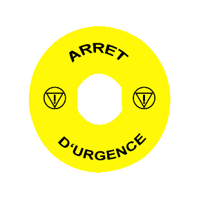 Schneider Electric Legend; 90mm diameter circular; yellow; "ARRET D'URGENCE"